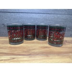 VTG Houze Stained Glass Christmas Seasons Greetings 4-1/8” Tumblers Glasses~4pc